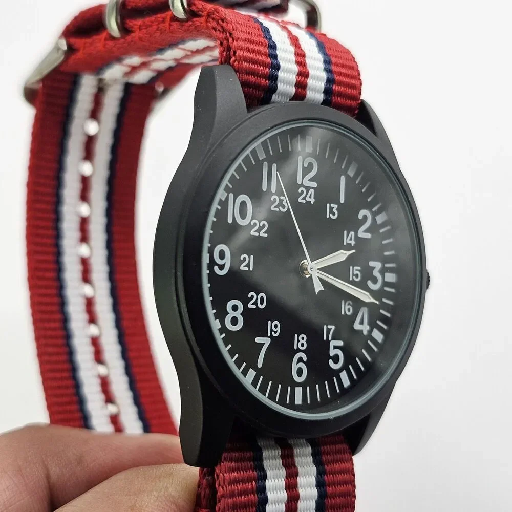 Men's Military Watch 42MM Large Case Black Dial Red Blue White Canvas Band Strap